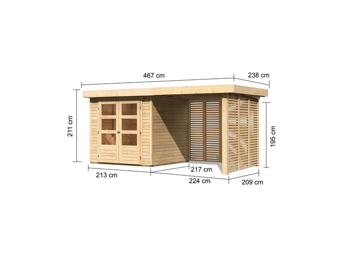 Karibu Gartenhaus Askola 2 inkl. 2,4 m Anbaudach mit Lamellenwänden