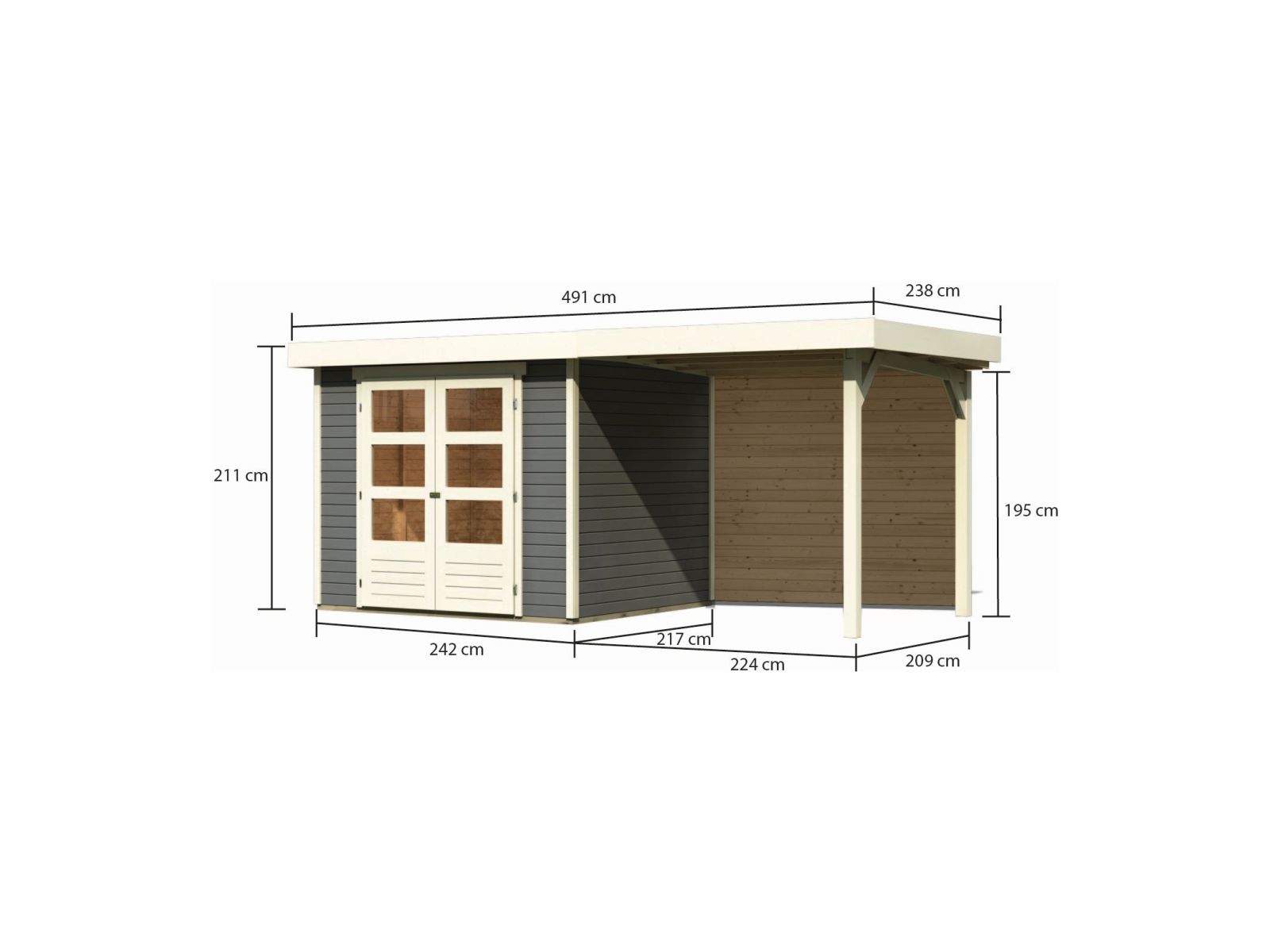 Karibu Gartenhaus Askola 3 mit Anbaudach 2,4 m, Rückwand, terragrau