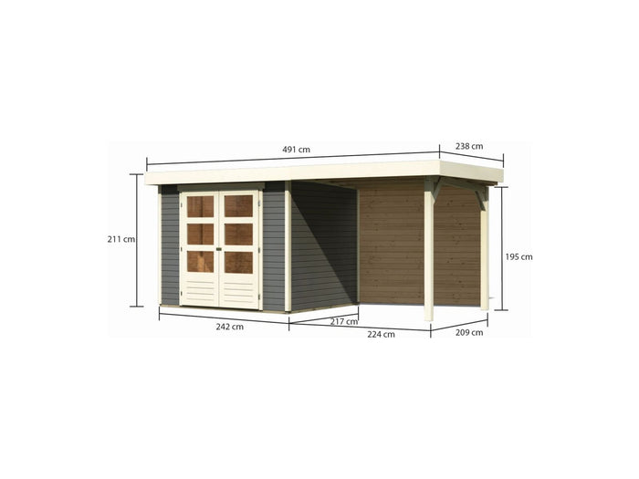 Karibu Gartenhaus Askola 3 mit Anbaudach 2,4 m, Rückwand, terragrau