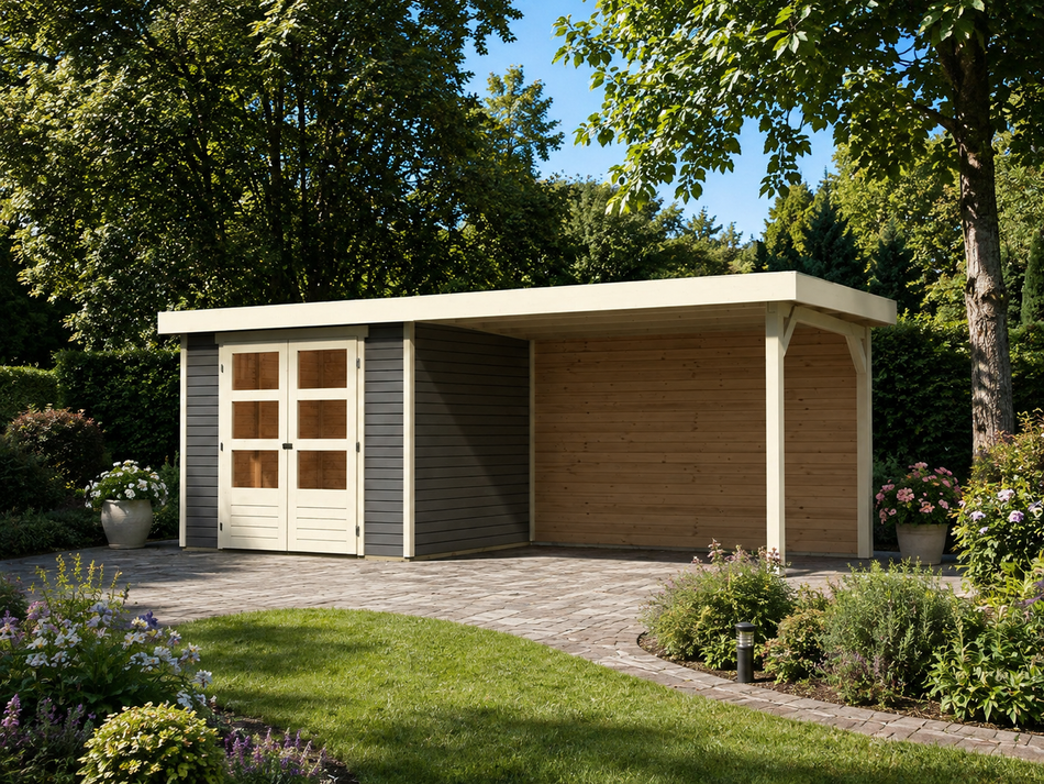 Karibu Gartenhaus Askola 3 mit Anbaudach 2,80 m, Rückwand in terragrau