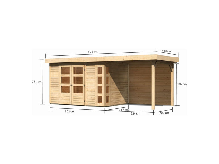 Karibu Gartenhaus Kerko 4 natur mit Anbaudach 2,40 m, Rückwand