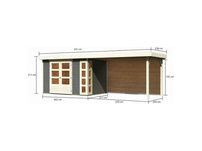 Karibu Gartenhaus Kerko 4 natur mit Anbaudach 2,80 m inkl. Rückwand