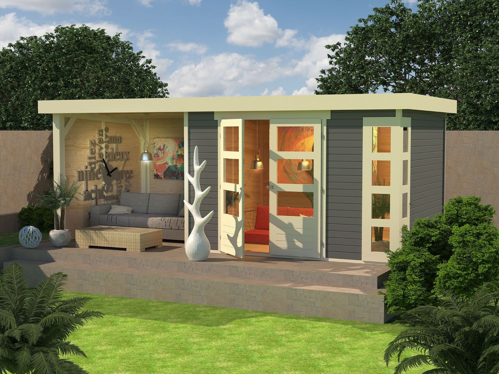 Karibu Gartenhaus Kerko 5 terragrau mit Anbaudach 2,40 m inkl. Seiten- und Rückwand