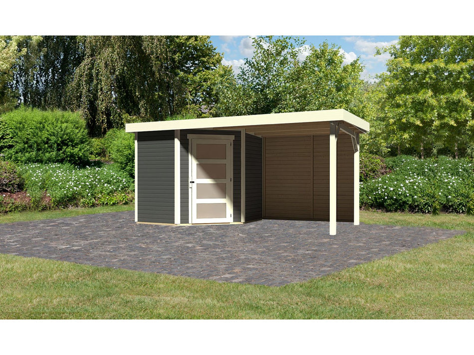 Karibu Gartenhaus Schwandorf 3 terragrau mit Anbaudach 2,4 m, Rückwand