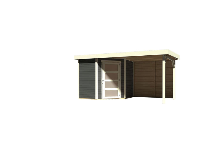 Karibu Gartenhaus Schwandorf 3 terragrau mit Anbaudach 2,4 m, Rückwand