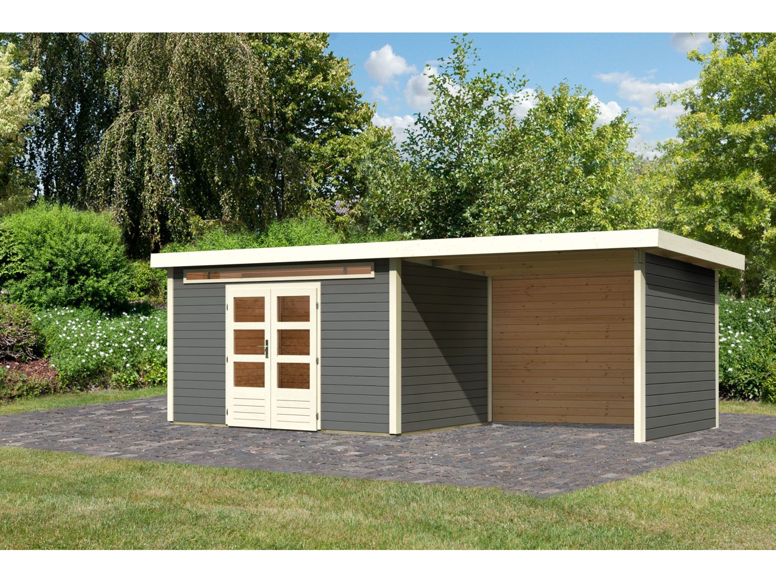 Karibu Gartenhaus Kandern 7 in terragrau mit Anbaudach 3,20 Meter inkl. Rück- und Seitenwand