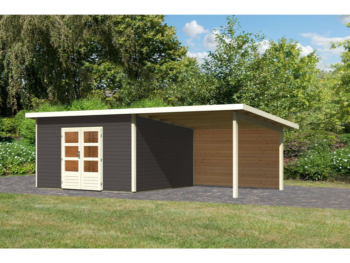 Karibu Gartenhaus Northeim 5 terragrau mit Anbaudach 3 m inkl. Rückwand