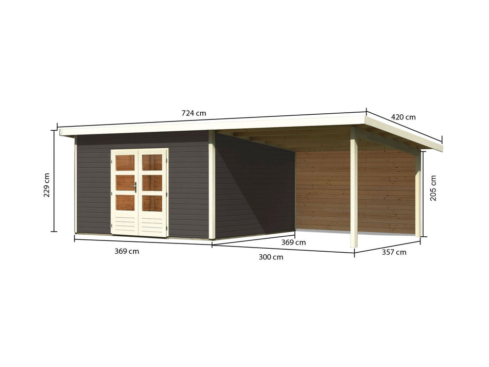 Karibu Gartenhaus Northeim 5 terragrau mit Anbaudach 3 m inkl. Rückwand