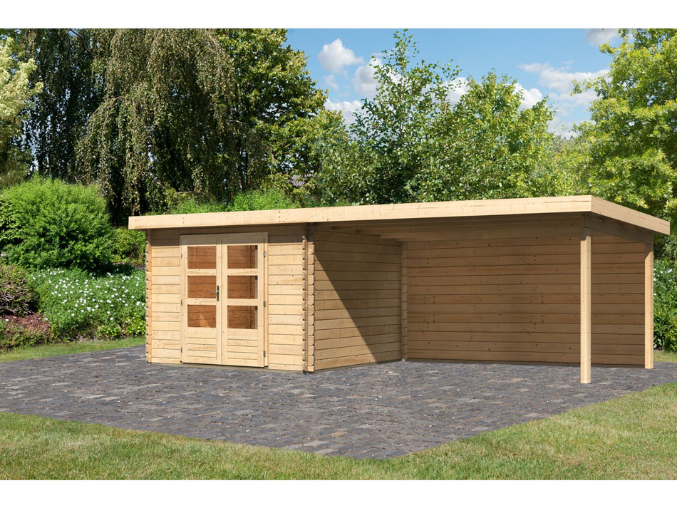 Karibu Gartenhaus Bastrup 5 mit Anbaudach 4 Meter inkl. Rückwand
