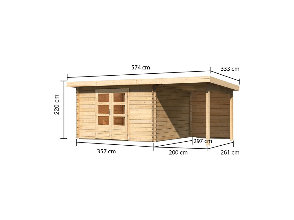Karibu Gartenhaus Bastrup 7 mit Anbaudach 2 Meter inkl. Rückwand