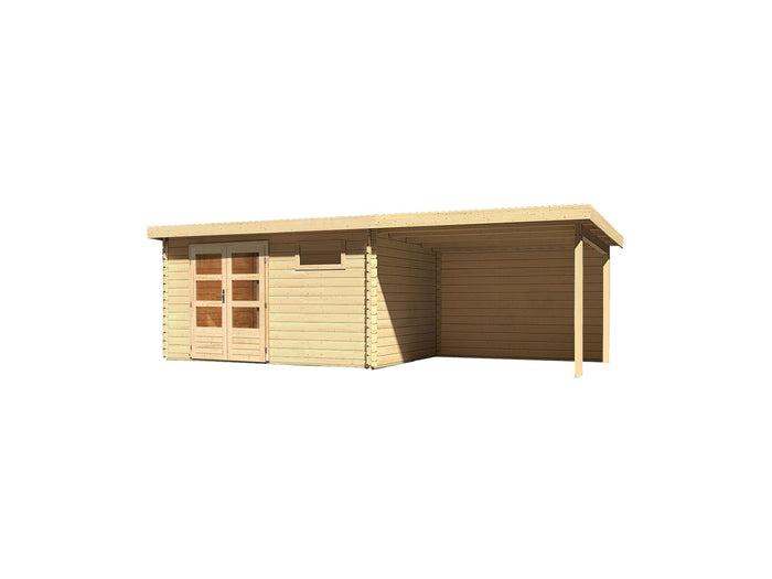 Karibu Gartenhaus Bastrup 8 mit Anbaudach 3 Meter inkl. Rückwand natur