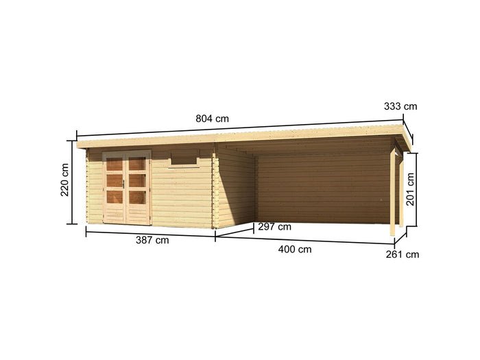 Karibu Gartenhaus Bastrup 8 mit Anbaudach 4 Meter inkl. Rückwand