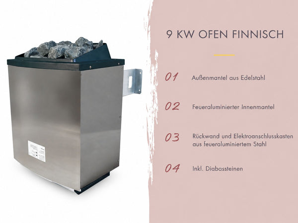 Karibu Sauna Bodin inkl. 9 kW Ofen ext. Steuerung, mit bronzierter Saunatür -mit Dachkranz-