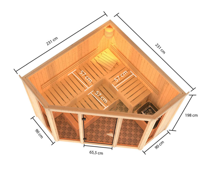 Karibu Sauna Alcinda 2, 68 mm, inkl. 9 kW Bioofen ext. Steuerung Wifi HUUM - ohne Dachkranz -
