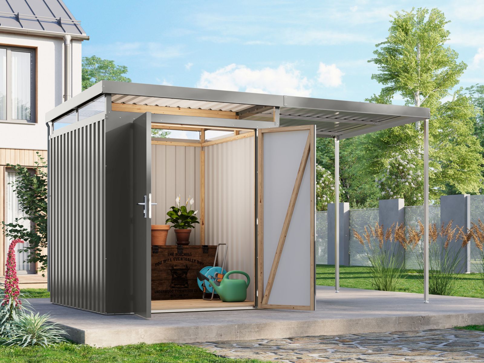 Karibu Metallhaus Aurum 2 in Graualuminium, inkl. Anbaudach 2 m