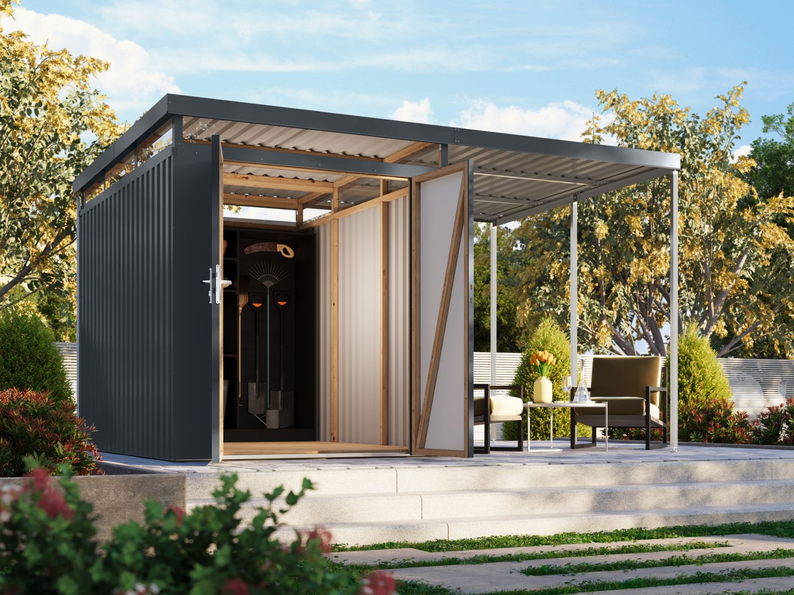 Karibu Metallhaus Aurum 2,5 in Anthrazit, inkl. Anbaudach 2 m