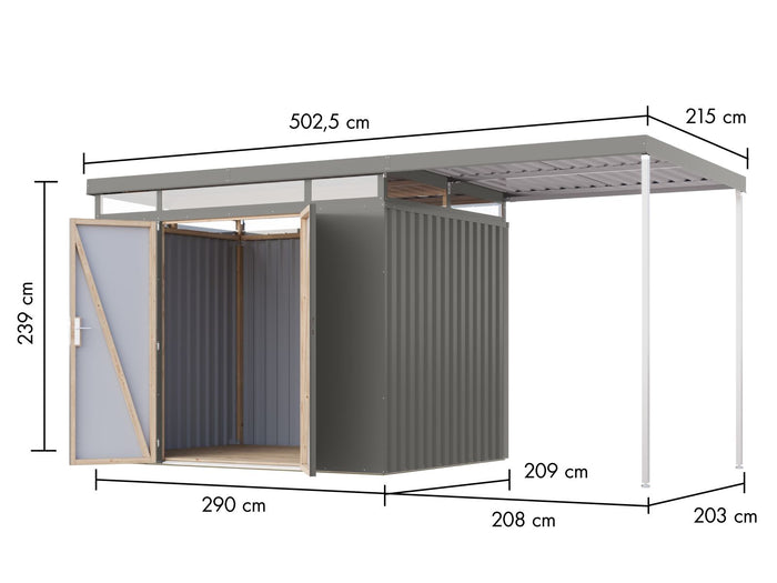 Karibu Metallhaus Aurum 3 in Graualuminium, inkl. Anbaudach 2 m