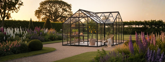 Vitavia Gewächshaus Sirius Orangerie ESG 3 mm schwarz, inkl. Fundamentrahmen