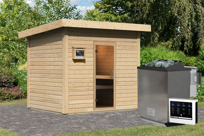 Karibu Saunahaus Caapi 4, inkl. 9 kW Bioofen ext. Steuerung, mit Klarglastür und Fußboden