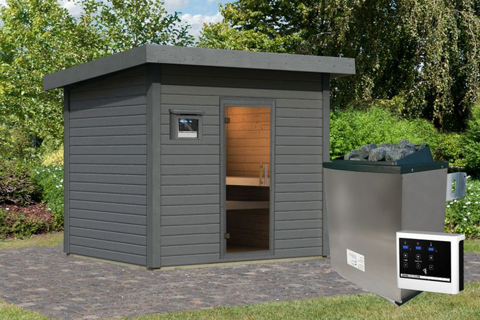 Karibu Saunahaus Caapi 4, terragrau, inkl. 9 kW Ofen finnisch ext. Steuerung, mit Klarglastür und Fußboden