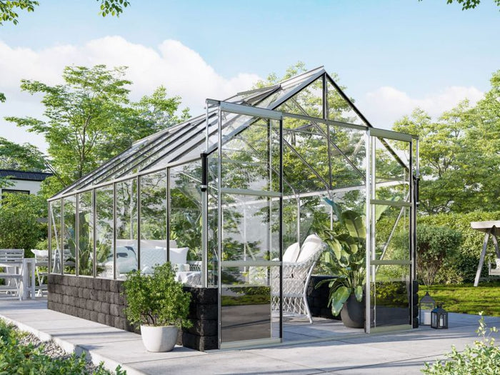 Vitavia Gewächshaus Cassandra 11500 ESG 3 mm Alu eloxiert, inkl. Sockelmauer Basalt