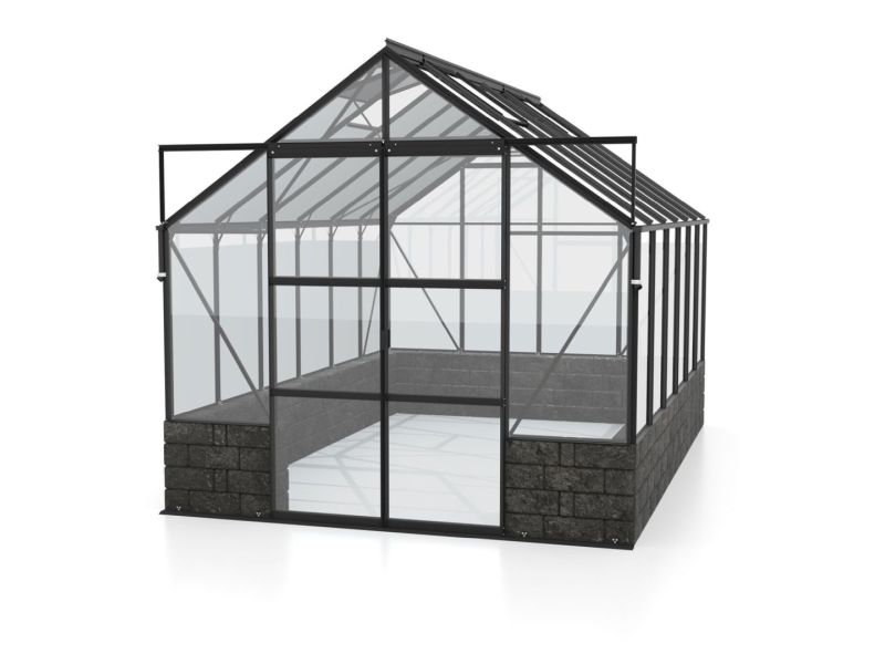 Vitavia Gewächshaus Cassandra 9900 ESG 3 mm Alu schwarz pulverbeschichtet, inkl. Sockelmauer Basalt