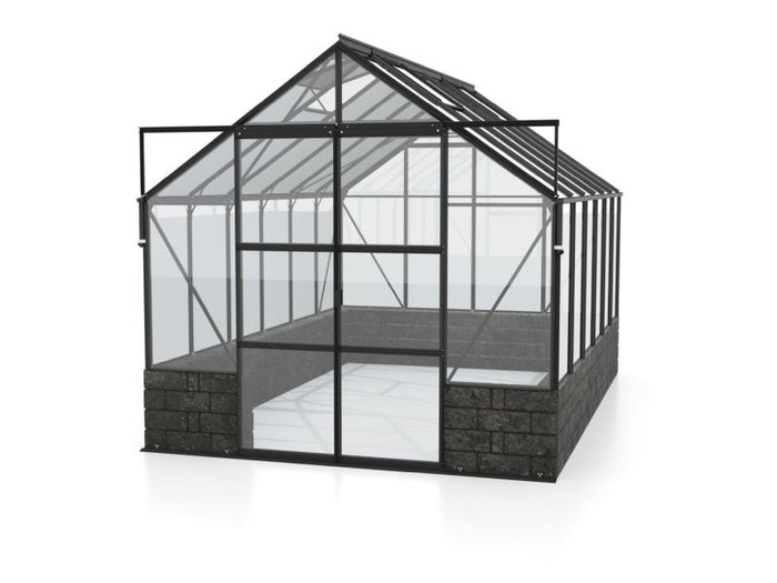 Vitavia Gewächshaus Cassandra 9900 ESG 3 mm Alu schwarz pulverbeschichtet, inkl. Sockelmauer Basalt