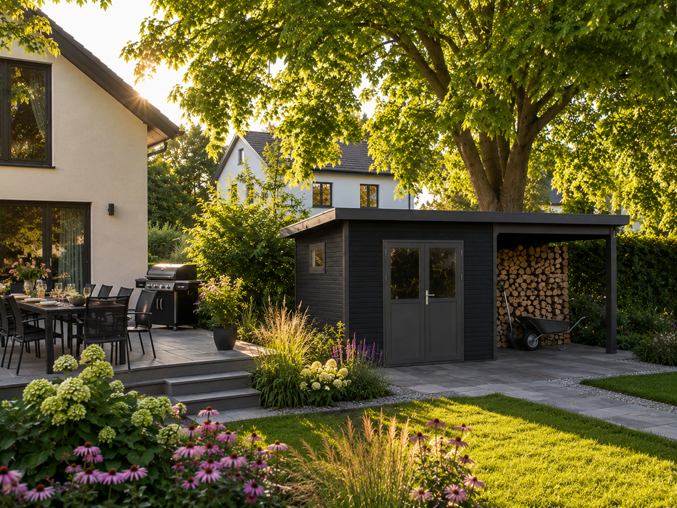 Linholm WPC Gartenhaus Linia 5628 mit Anbaudach und Rückwand, inkl. Dachrinnen-Set, Anthrazit