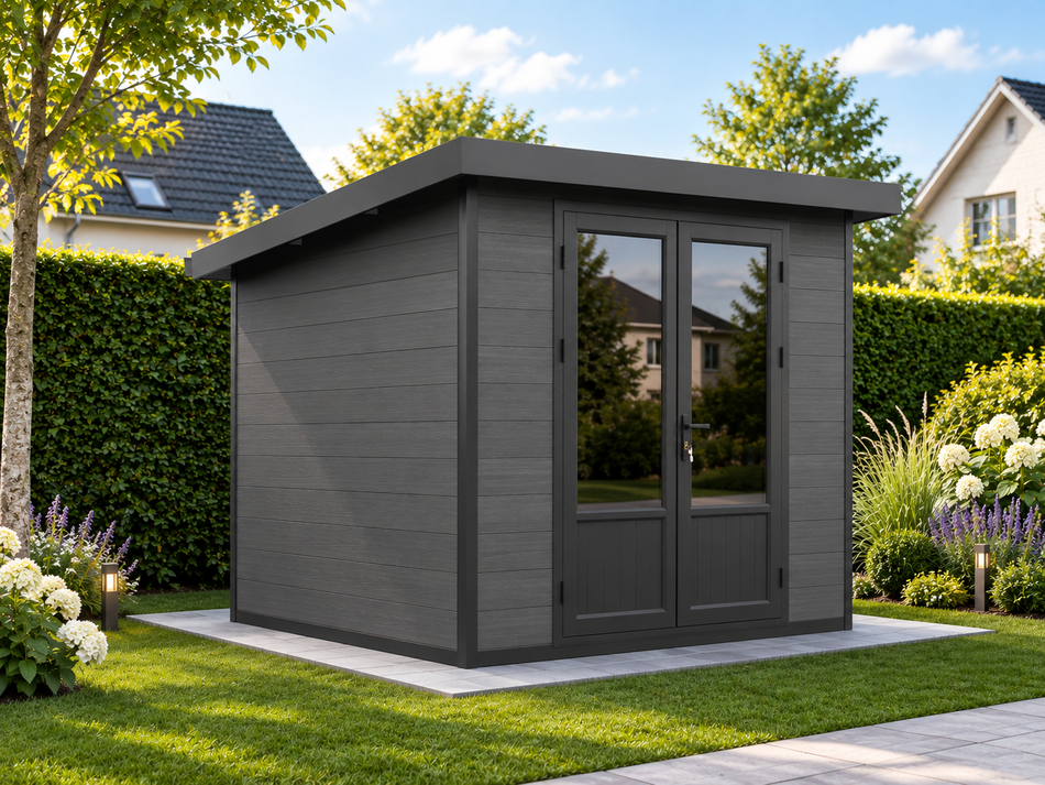 Linholm WPC Gartenhaus Lignum 2420, inkl. Dachrinnen-Set, 2-farbig Dunkelgrau/Anthrazit