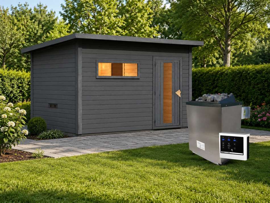 Karibu Saunahaus Hytti 6, inkl. 9 kW Ofen ext. Steuerung -mit Iso-Tür-  terragrau, 38 mm