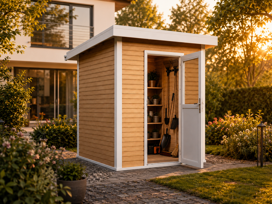 Linholm WPC Gartenhaus Linia 2020 inkl. Dachrinnen-Set, Natur-Beige/Weiß