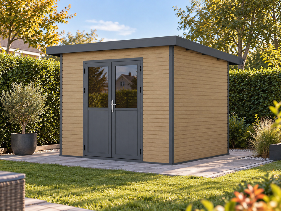 Linholm WPC Gartenhaus Linia 2824 inkl. Dachrinnen-Set, Natur-Beige/Anthrazit