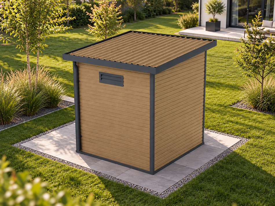 Linholm WPC Gartenhaus Linia 2020 inkl. Dachrinnen-Set, Natur-Beige/Anthrazit