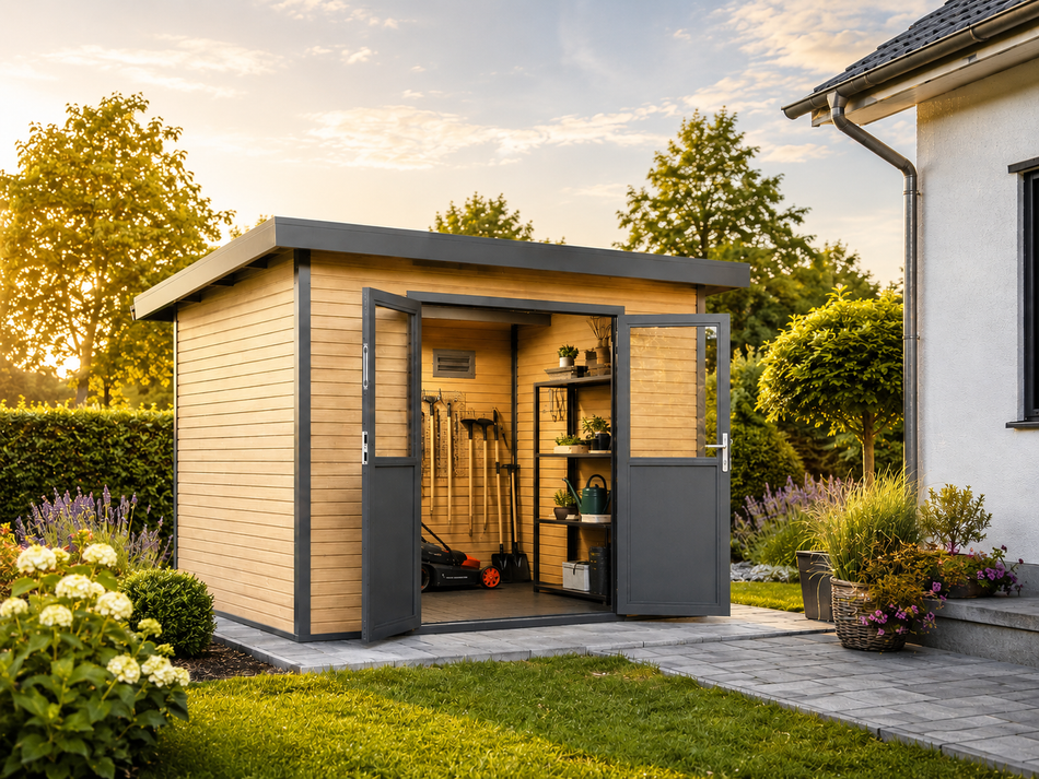 Linholm  WPC Gartenhaus Linia 2828 inkl. Dachrinnen-Set, Natur-Beige/Anthrazit