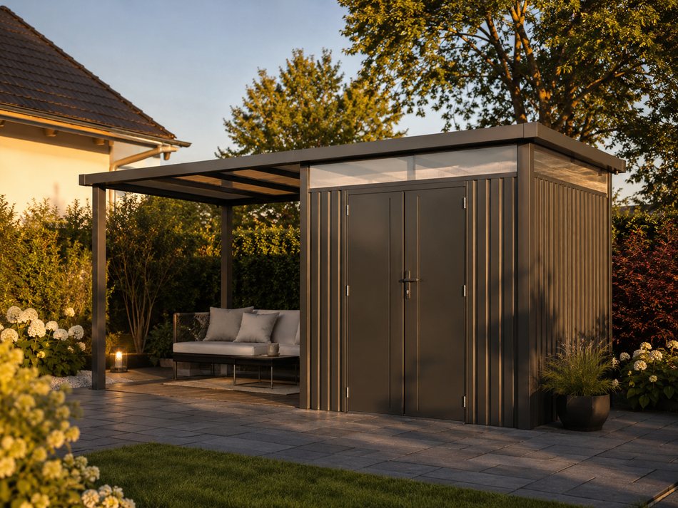 Norlinio Metall Gerätehaus Miro 1 mit Anbaudach in Anthrazit