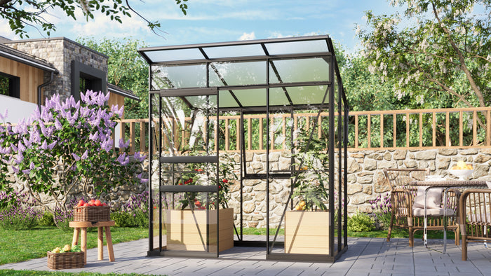 Vitavia Gewächshaus-SET Palma 3250 ESG/HKP schwarz, inkl. Hochbeet Linus IN-OUT, inkl. Mäusegitter für Hochbeete und Metallsieb-Set