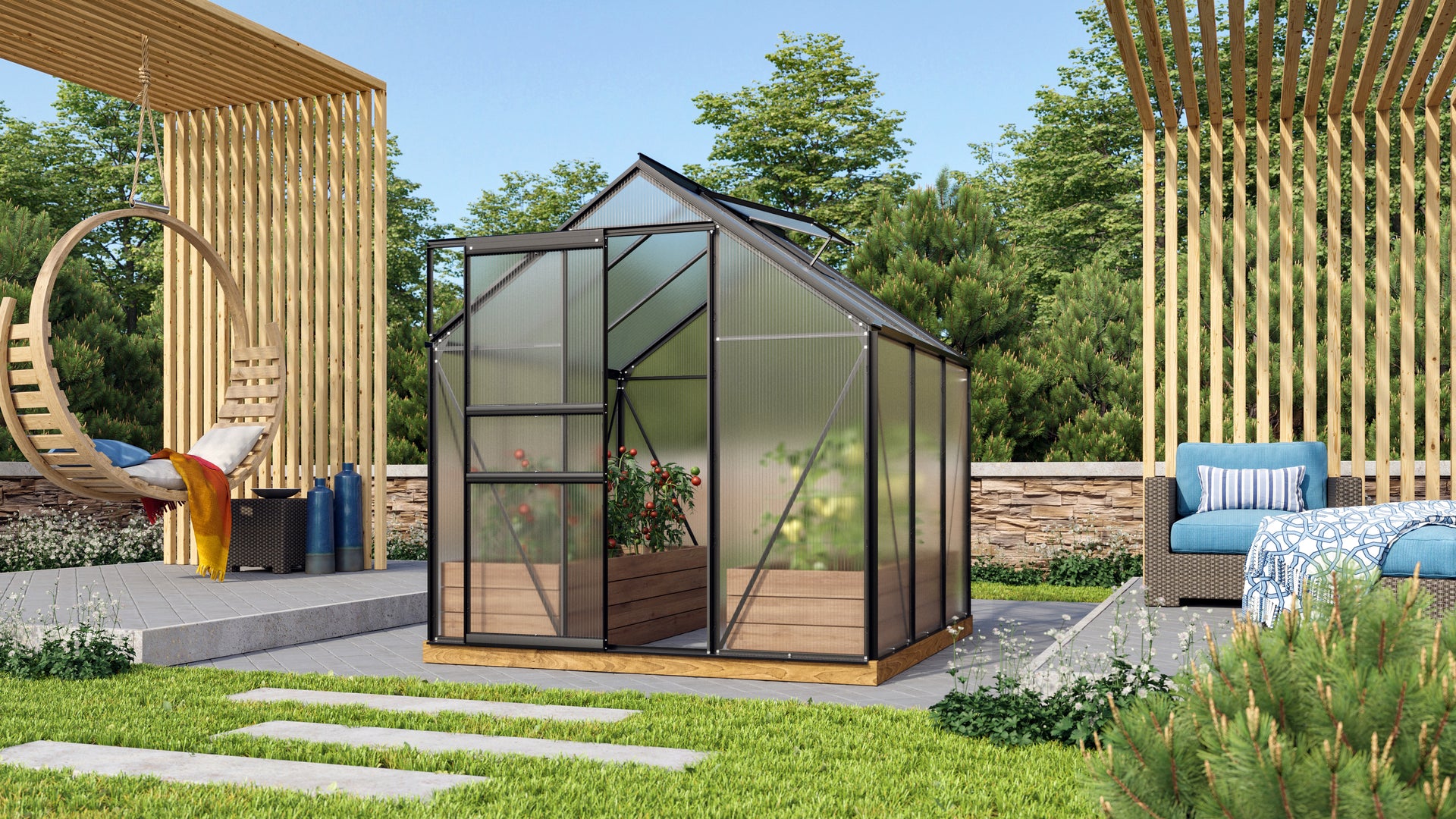 Vitavia Gewächshaus Venus 3800 HKP 6mm Schwarz, im SET, inkl. Fundament, Fensterheber, Regenfallrohr-Set, Aluregal und Alutisch