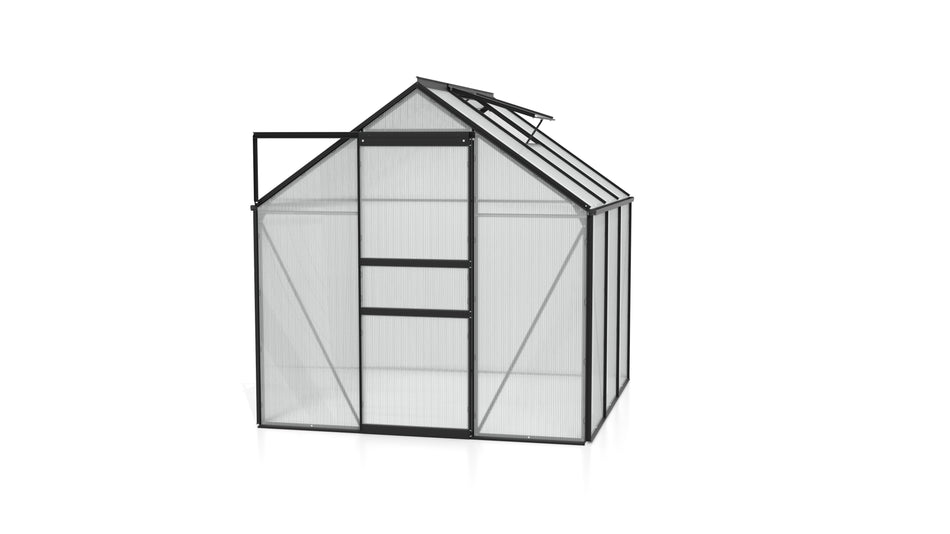 Vitavia Gewächshaus Venus 3800 HKP 6mm Schwarz, im SET, inkl. Fundament, Fensterheber, Regenfallrohr-Set, Aluregal und Alutisch