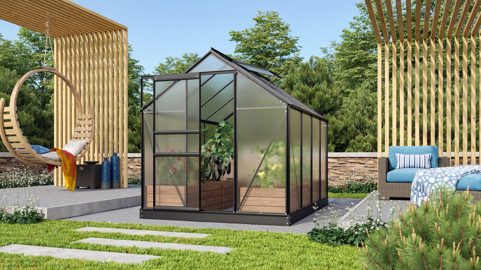 Vitavia Gewächshaus Venus 5000 HKP 6mm Schwarz, im SET, inkl. Fundament, Fensterheber, Regenfallrohr-Set, Aluregal und Alutisch