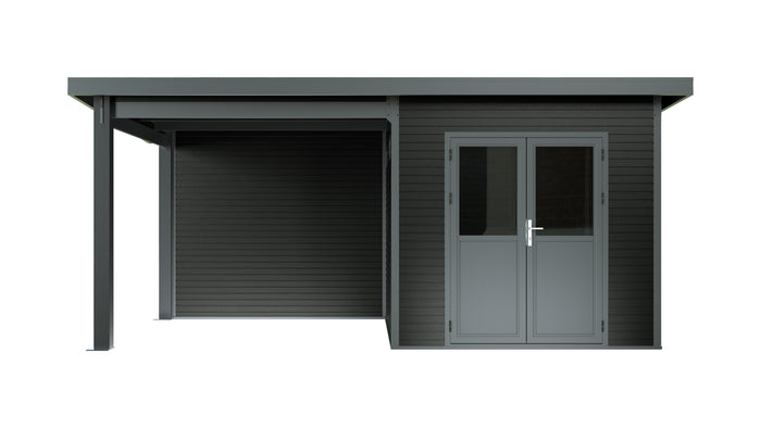 WPC Gartenhaus Linia 5228 mit Anbaudach und Rückwand, inkl. Dachrinnen-Set, Anthrazit