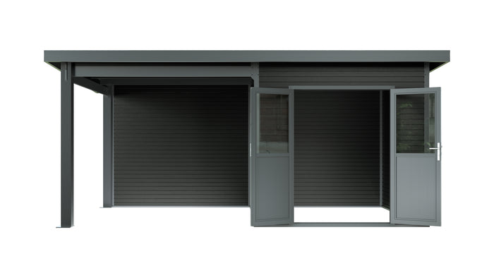 WPC Gartenhaus Linia 5228 mit Anbaudach und Rückwand, inkl. Dachrinnen-Set, Anthrazit