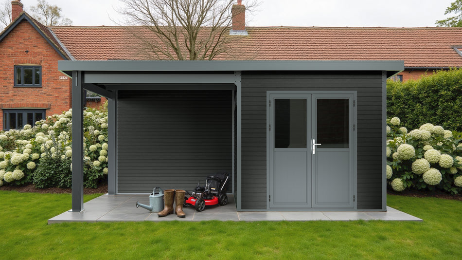 Linholm WPC Gartenhaus Linia 5228 mit Anbaudach und Rückwand, inkl. Dachrinnen-Set, Anthrazit