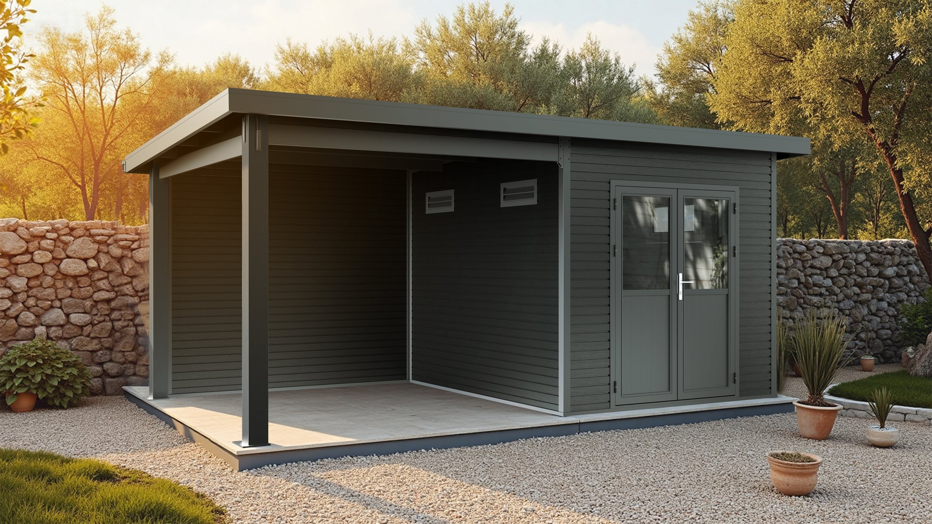 WPC Gartenhaus Linia 5228 mit Anbaudach und Rückwand, inkl. Dachrinnen-Set, Anthrazit