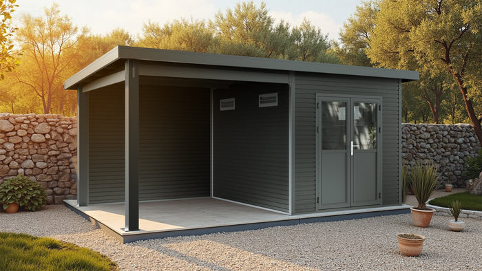 WPC Gartenhaus Linia 5228 mit Anbaudach und Rückwand, inkl. Dachrinnen-Set, Anthrazit