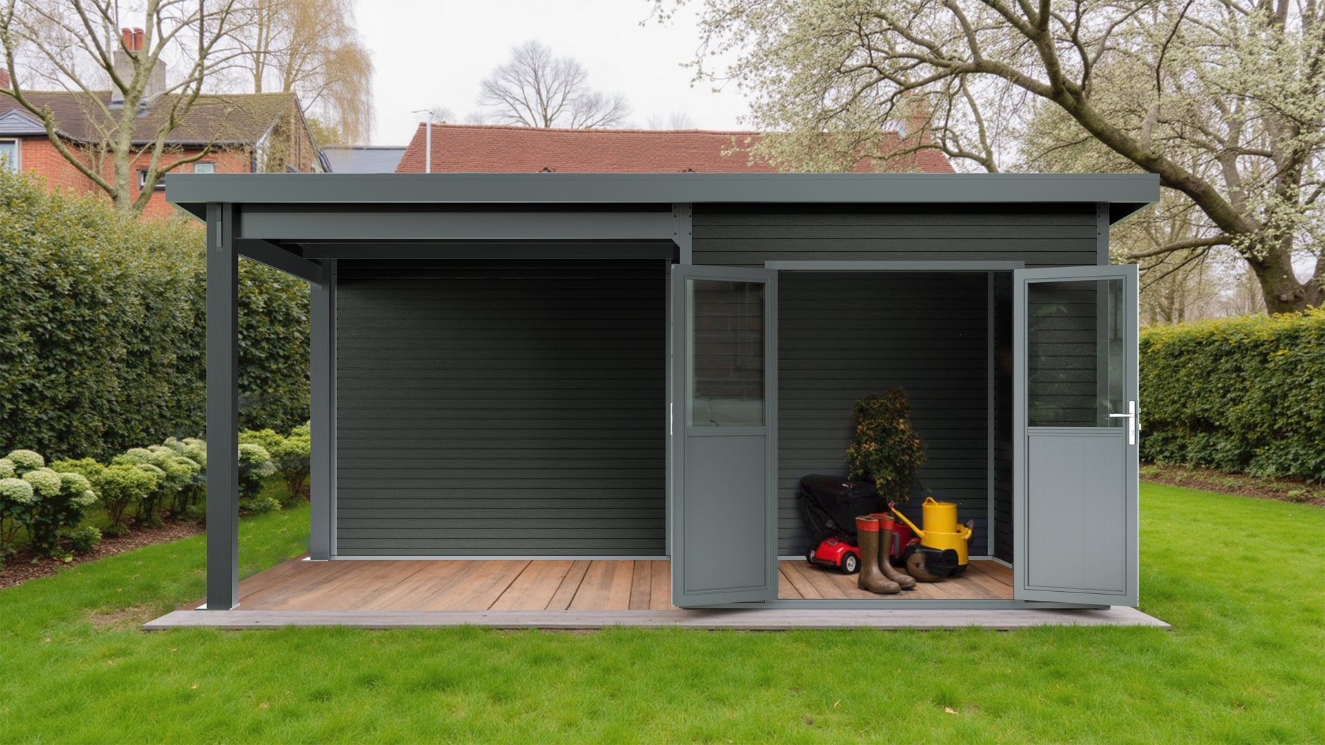 WPC Gartenhaus Linia 5228 mit Anbaudach und Rückwand, inkl. Dachrinnen-Set, Anthrazit