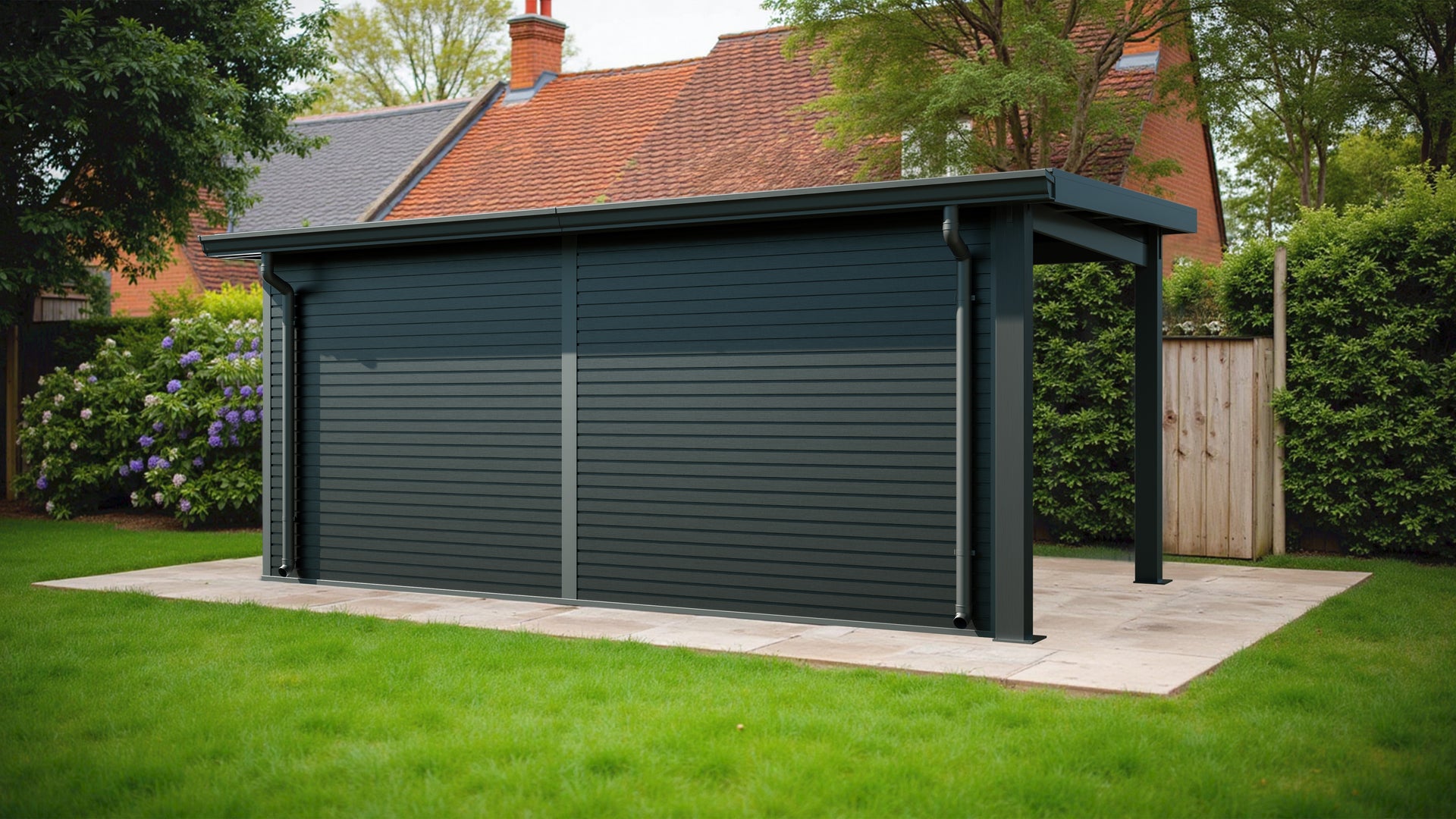 WPC Gartenhaus Linia 5228 mit Anbaudach und Rückwand, inkl. Dachrinnen-Set, Anthrazit