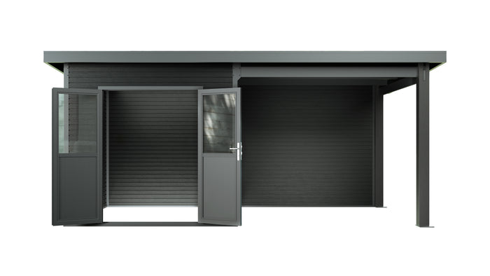 WPC Gartenhaus Linia 5228 mit Anbaudach und Rückwand, inkl. Dachrinnen-Set, Anthrazit