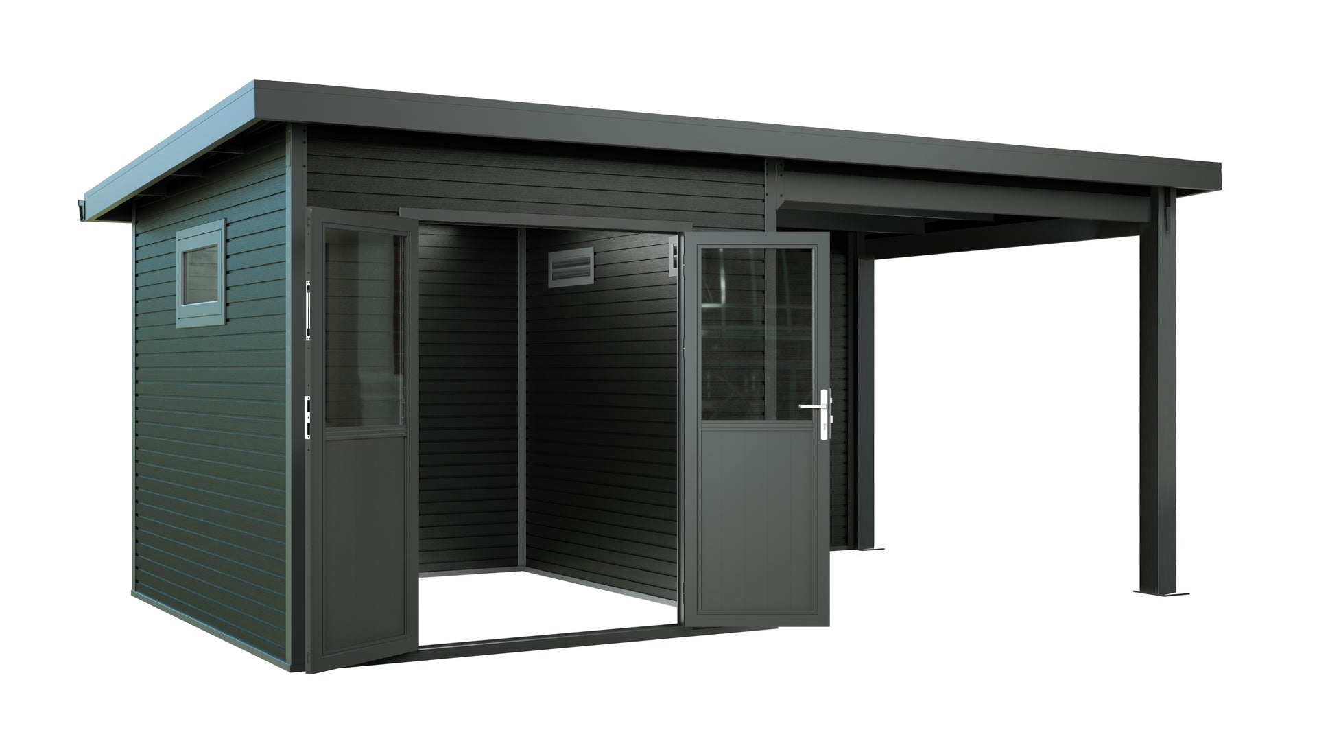 WPC Gartenhaus Linia 5228 mit Anbaudach und Rückwand, inkl. Dachrinnen-Set, Anthrazit