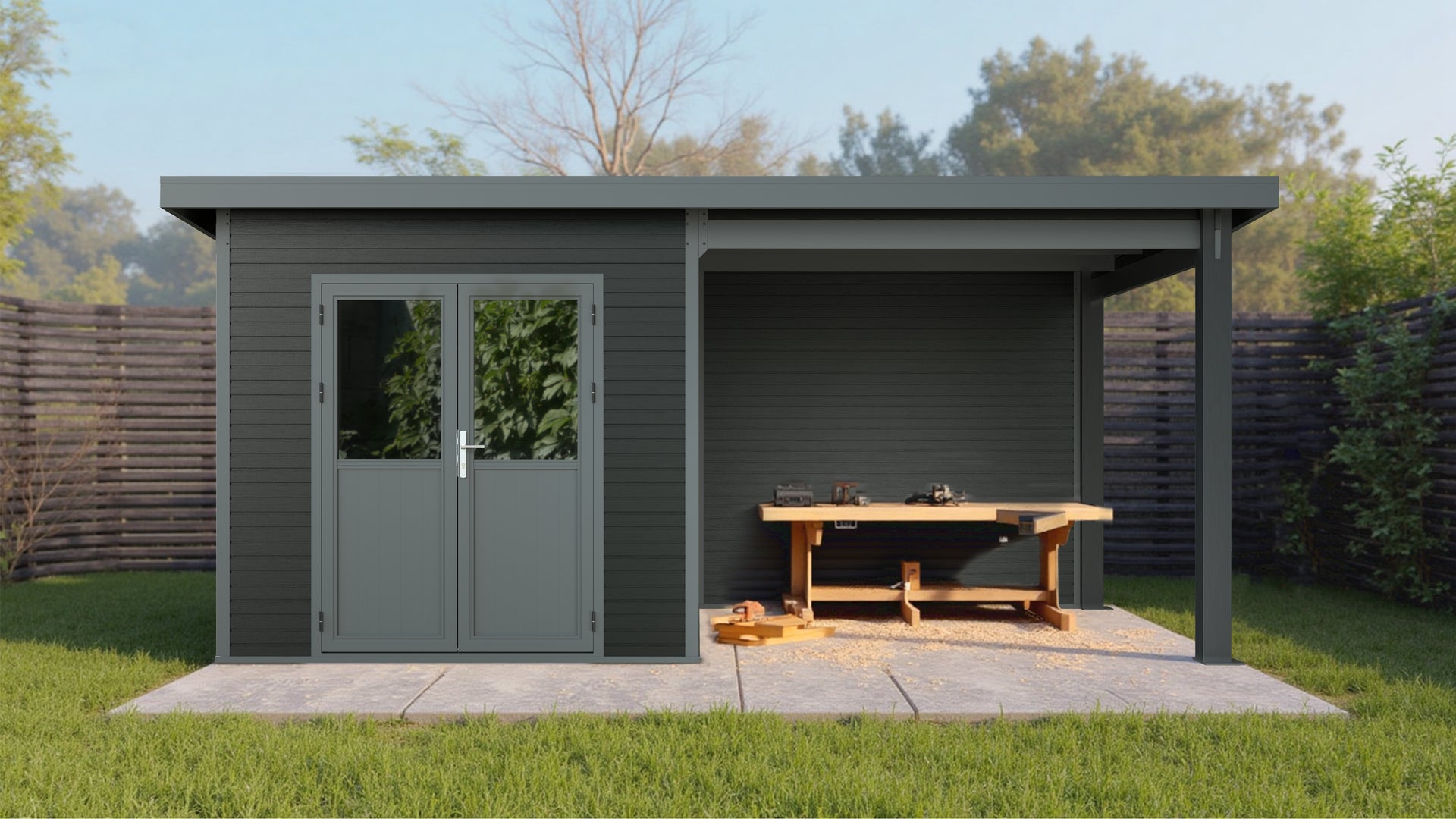 WPC Gartenhaus Linia 5228 mit Anbaudach und Rückwand, inkl. Dachrinnen-Set, Anthrazit