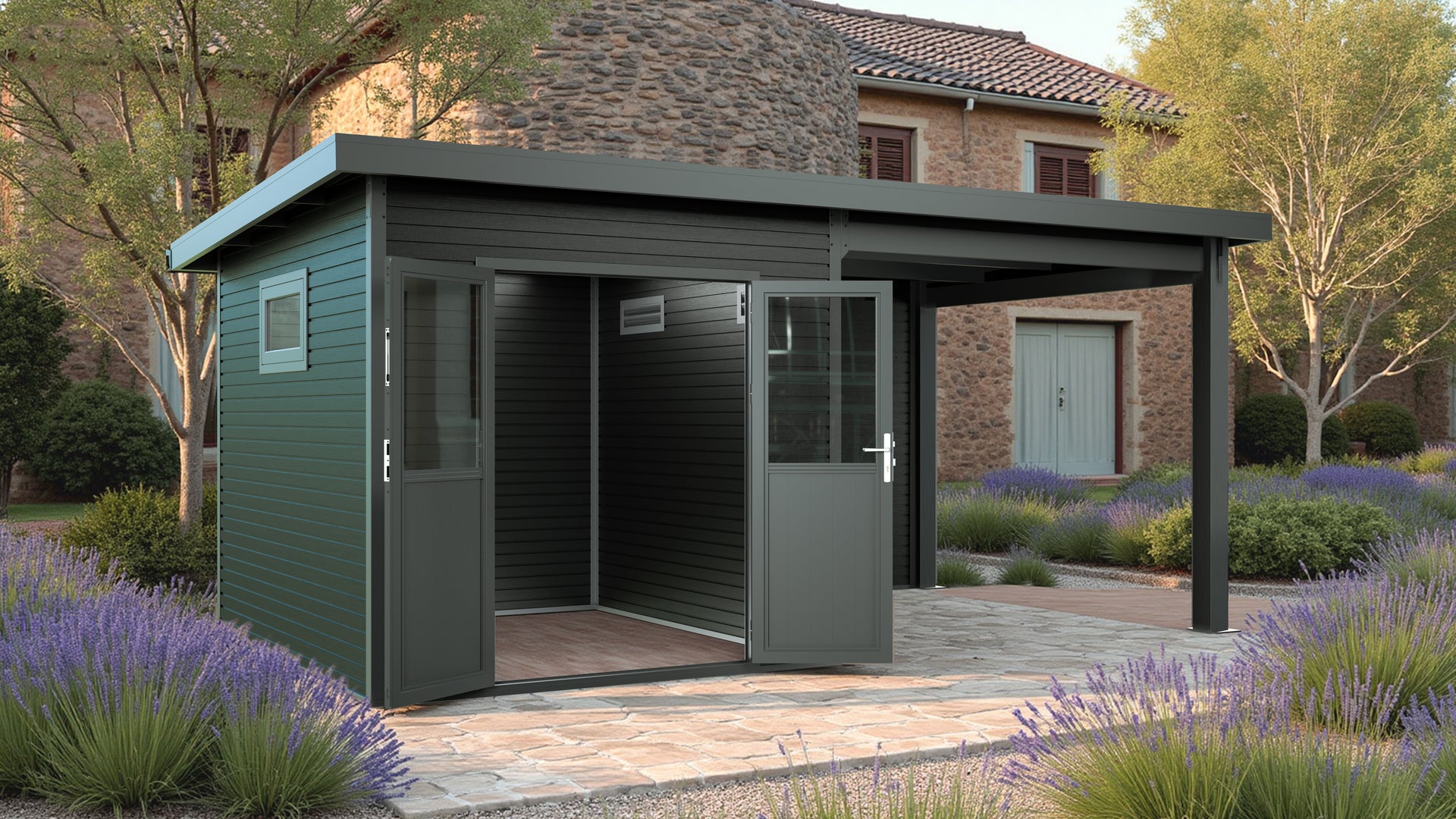 WPC Gartenhaus Linia 5228 mit Anbaudach und Rückwand, inkl. Dachrinnen-Set, Anthrazit